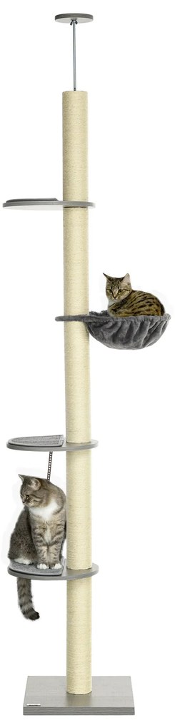 PawHut Zgâriat cu hamac, incl. Tensionare pentru tavan, înălțime totală, 40 cm x 40 cm x 250 cm, Gri + Alb crem | Aosom Romania