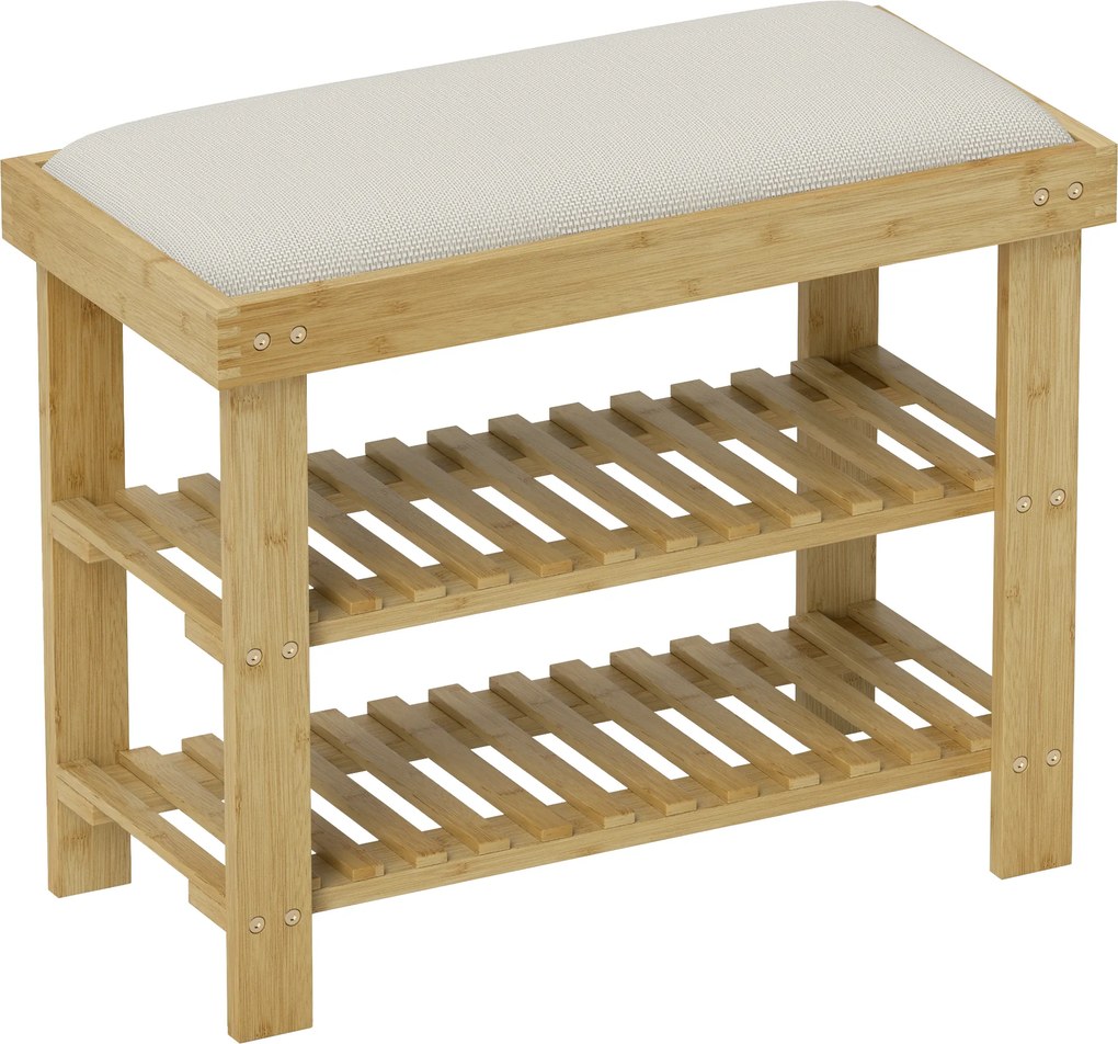 HOMCOM Bancă pentru încălțăminte din bambus, etajeră pentru încălțăminte cu 3 niveluri, stil scandinav, 60 x 29 x 49 cm, crem și lemn natural | Aosom Romania