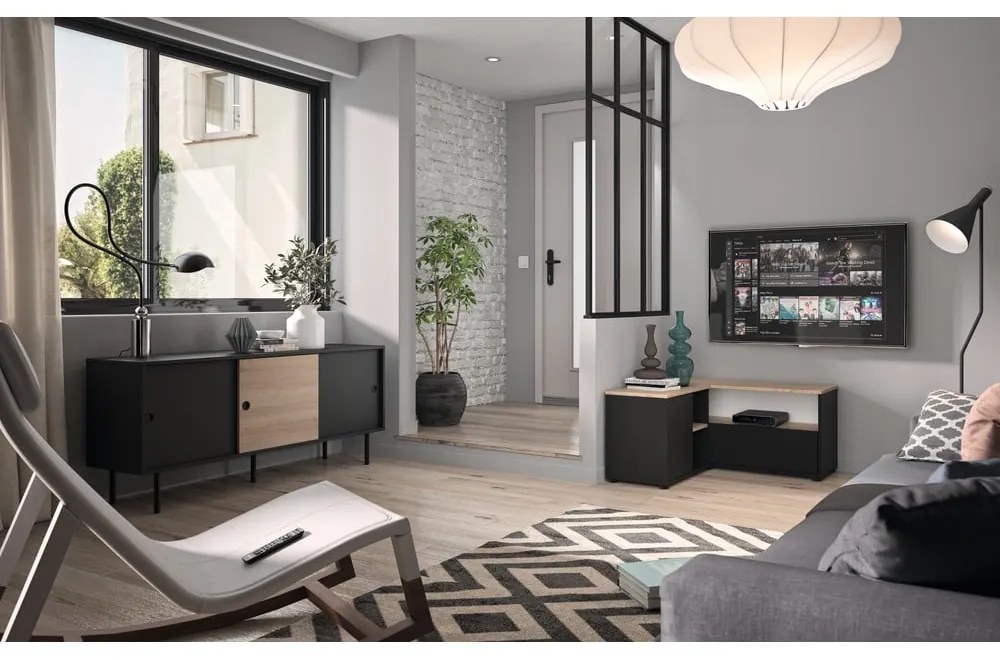 Comodă TV negru-natural cu aspect de lemn de stejar 90x45 cm Angle – TemaHome