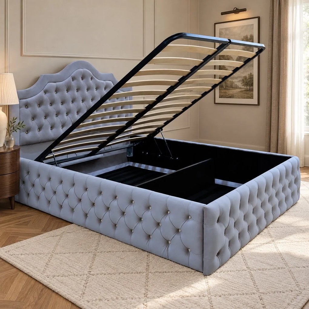 Pat tapițat Chesterfield din catifea Imperio Deluxe 160×200 cm, gri deschis, cu ladă de depozitare