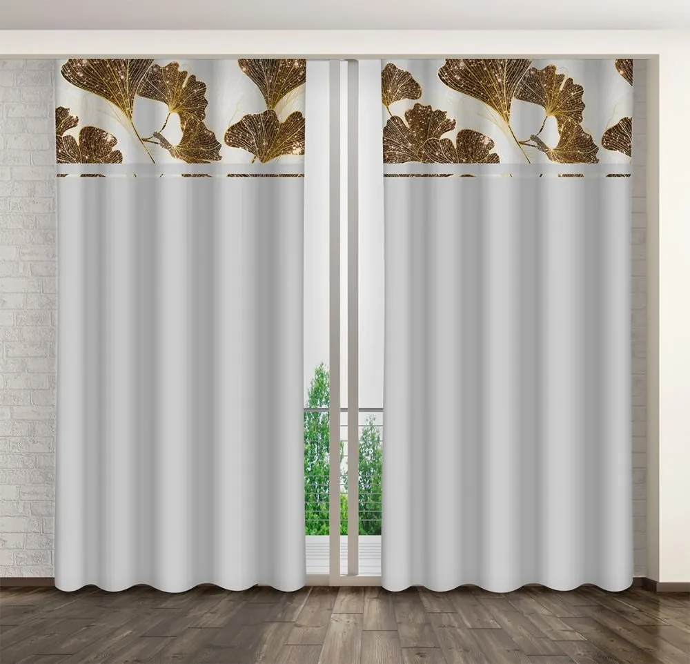 Draperie clasică gri cu un imprimeu de frunze de ginkgo aurii Lățime: 160 cm | Lungime: 270 cm