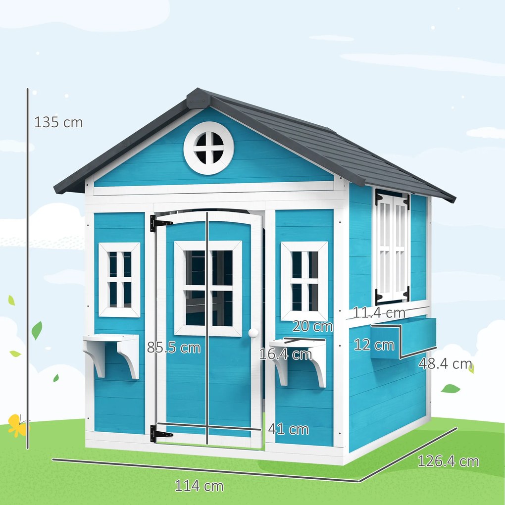 Outsunny Căsuță de Joacă din Lemn cu Uși, Ferestre, Ghivece și Jardiniere pentru Copii 3-8 Ani, Maro Închis | Aosom Romania