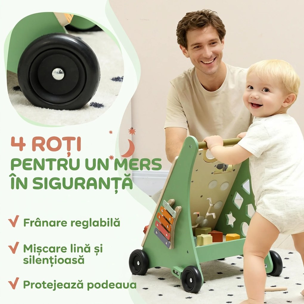 AIYAPLAY Cărucior pentru Primii Pași In Lemn Con Frână Reglabil, 18+ Luni, Verde | Aosom Romania