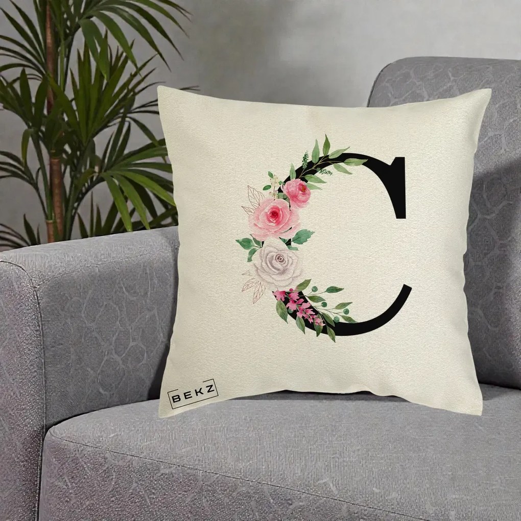 Cadou Personalizat - Perna Personalizata Monograma Florala Litera C, 40x40 cm, Ecru, Husa Detasabila, Perna Inclusa, BEKZ®