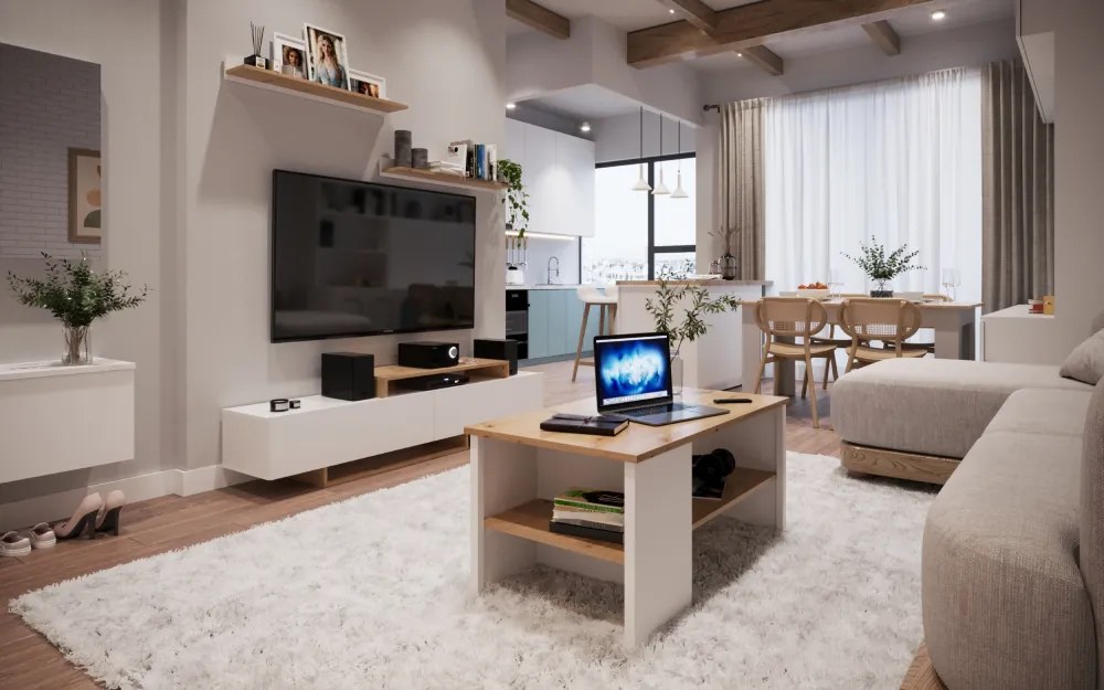 Mobilier de perete living, alb/stejar artisan, MILONA