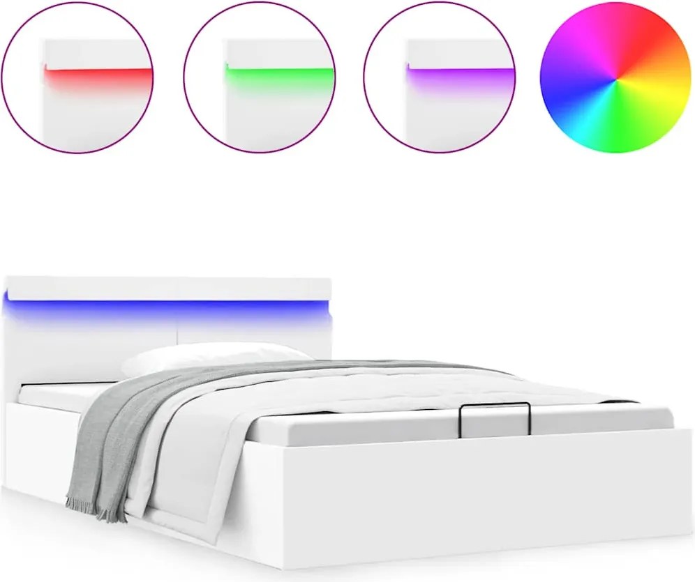 vidaXL Cadru pat hidraulic ladă cu LED alb 140x200 cm piele ecologică