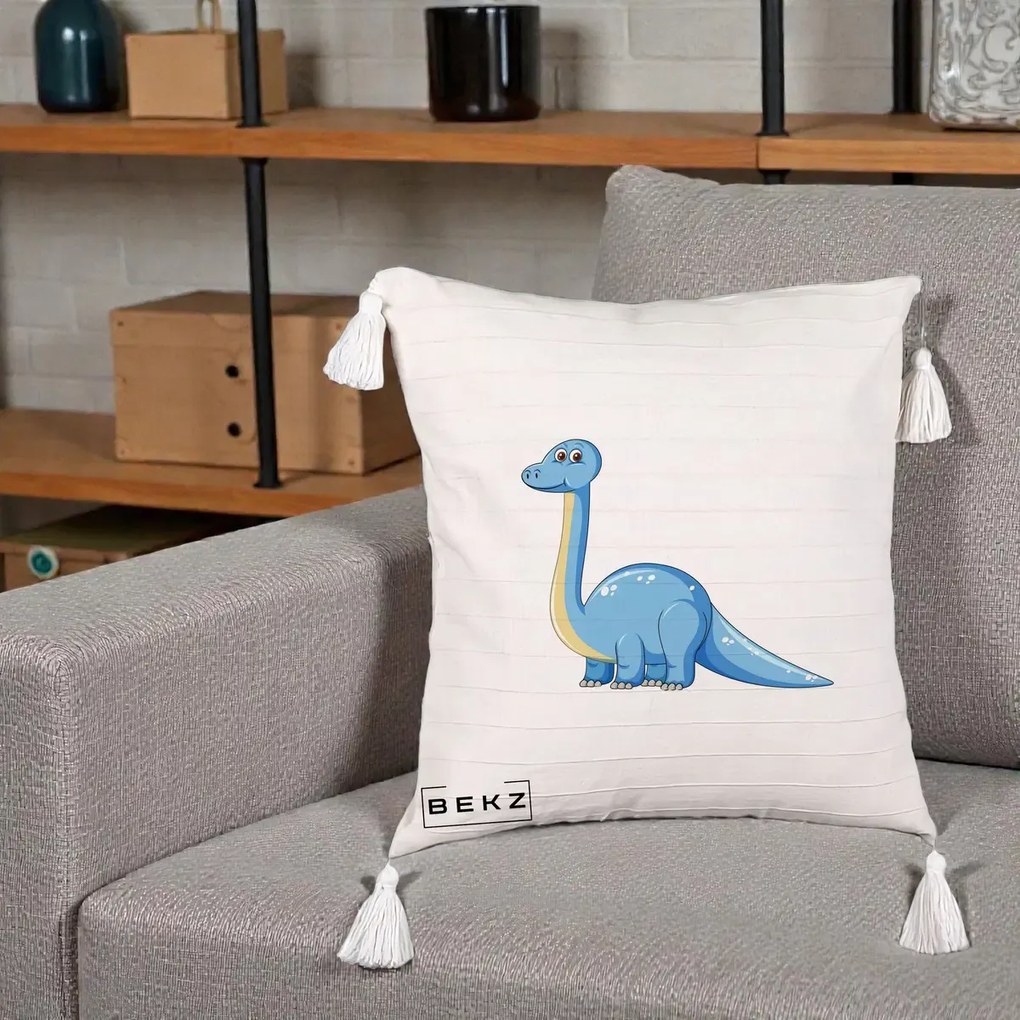 Perna Personalizata Brontosaur Albastru, 40x40 cm, Bej cu Franjuri, Husa Detasabila, Perna Inclusa, BEKZ®