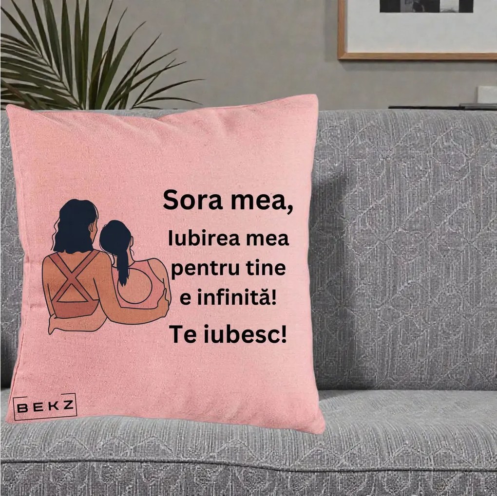 Cadou pentru Sora - Perna Personalizata Sora Mea Te Iubesc Doua Fete Fashioniste Line Art, 40x40 cm, Roz, Husa Detasabila, Perna Inclusa, BEKZ®