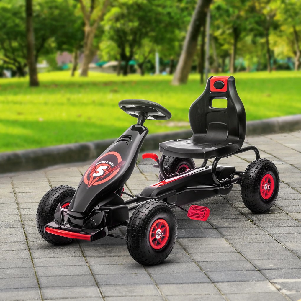 HOMCOM Go Kart pentru Copii 5-12 Ani, cu Pedale, Scaun Ajustabil și Cauciucuri Gonflabile, Frână de Mână și Amortizare Socuri Roșu | Aosom România