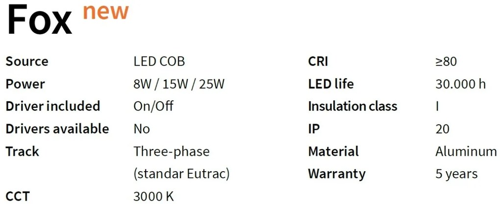 Spot LED directionabil pentru sina Link, FOX 08W CRI80 41° 3000K WH 250410 IDL