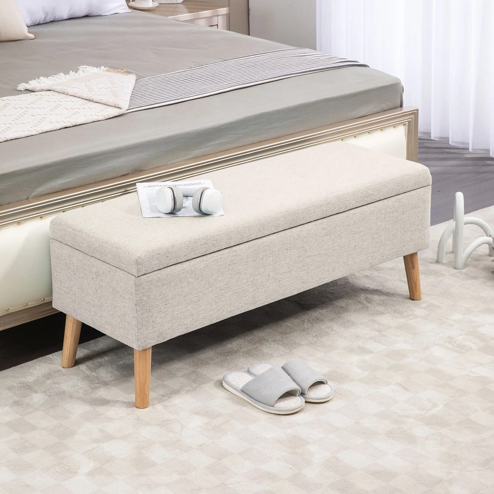HOMCOM bancă cu spațiu de depozitare 110 x 39 x 45 cm din material cu aspect de in, picioare din lemn de cauciuc, capacitate 220 kg, bej | Aosom Romania