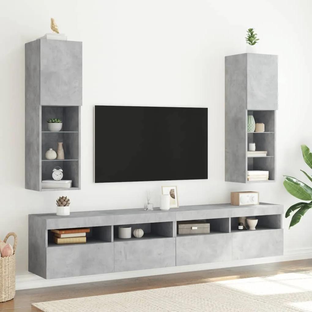 837022 vidaXL Comode TV cu lumini LED, 2 buc., gri beton, 30,5x30x102 cm