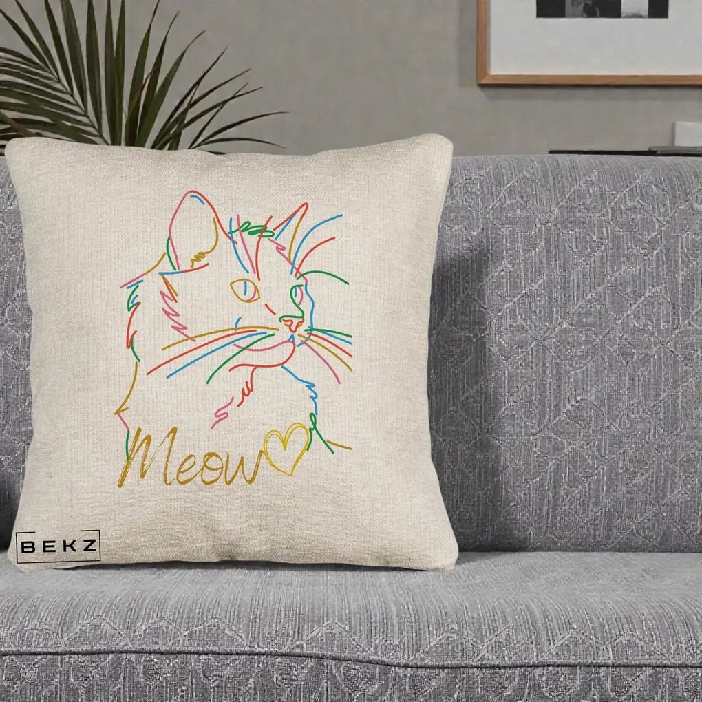 Perna Personalizata Pisica Meow Arta Linie Colorata, 40x40 cm, Bej Canapea, Husa Detasabila, Perna Inclusa, BEKZ®