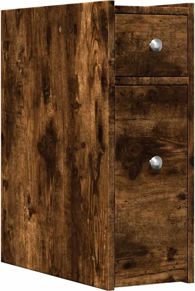 vidaXL Dulap de baie îngust cu roți, stejar fumuriu, lemn prelucrat