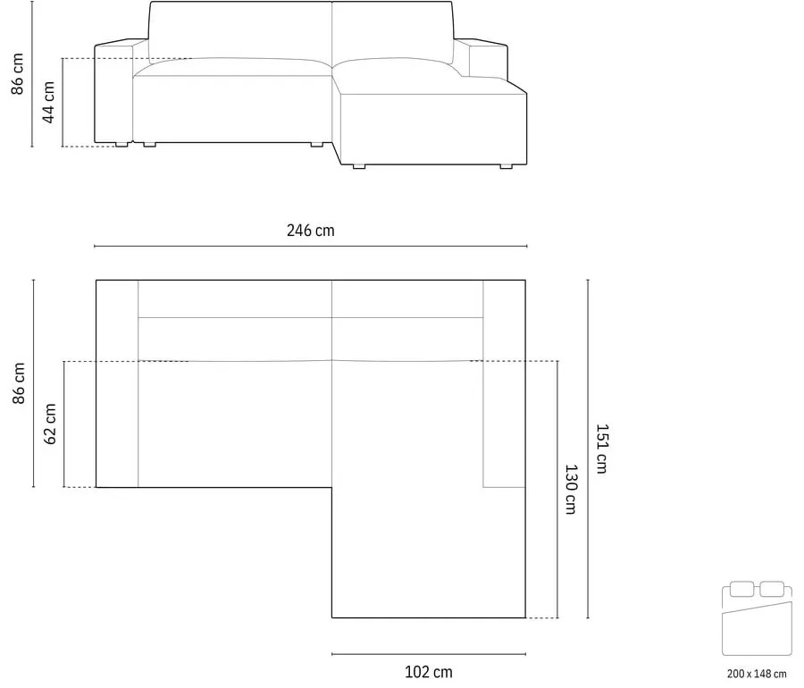Colțar negru extensibil/cu spațiu de depozitare cu tapițerie din catifea (cu colț pe partea dreaptă/cu șezlong) Jodie – Micadoni