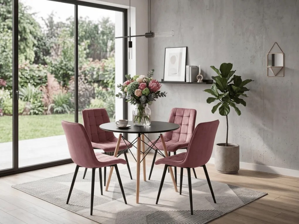 Scaun de sufragerie SPLIT VELVET cu picioare negre, roz inchis