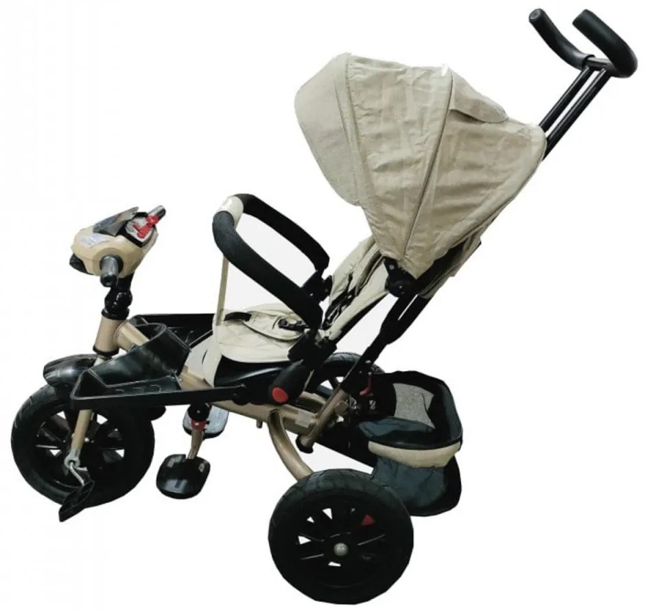 Tricicleta cu copertina NOVOKIDS Super Trike, Cu melodii si lumini, Roti din cauciuc, Pozitie somn, Scaun reversibil cu rotatie 360 grade, Crem