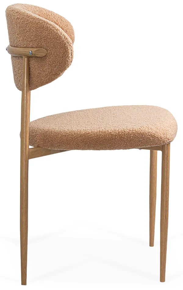 Scaun dining bej din material boucle cu cadru metalic cu aspect lemnos BUC 283