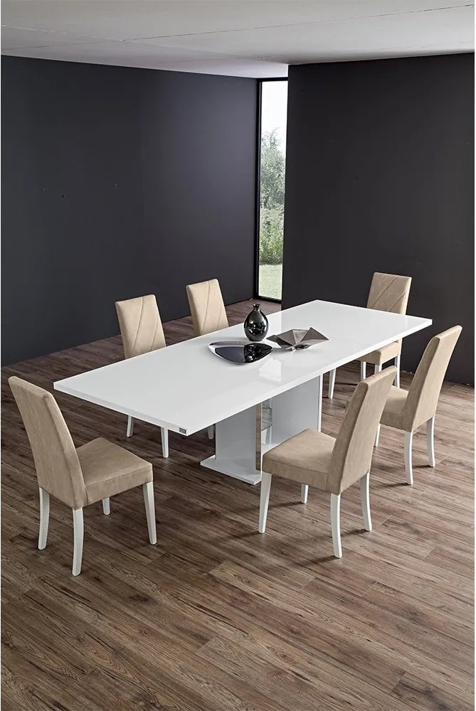 Set lemn masiv masă și scaune Lisa White - 8 scaune, 180 × 104 × 76 cm + 2 extensii