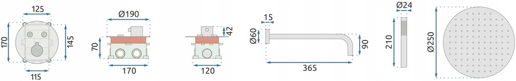 Set de duș incastrat Rea LUNGO Auriu Periat + BOX cu termostat