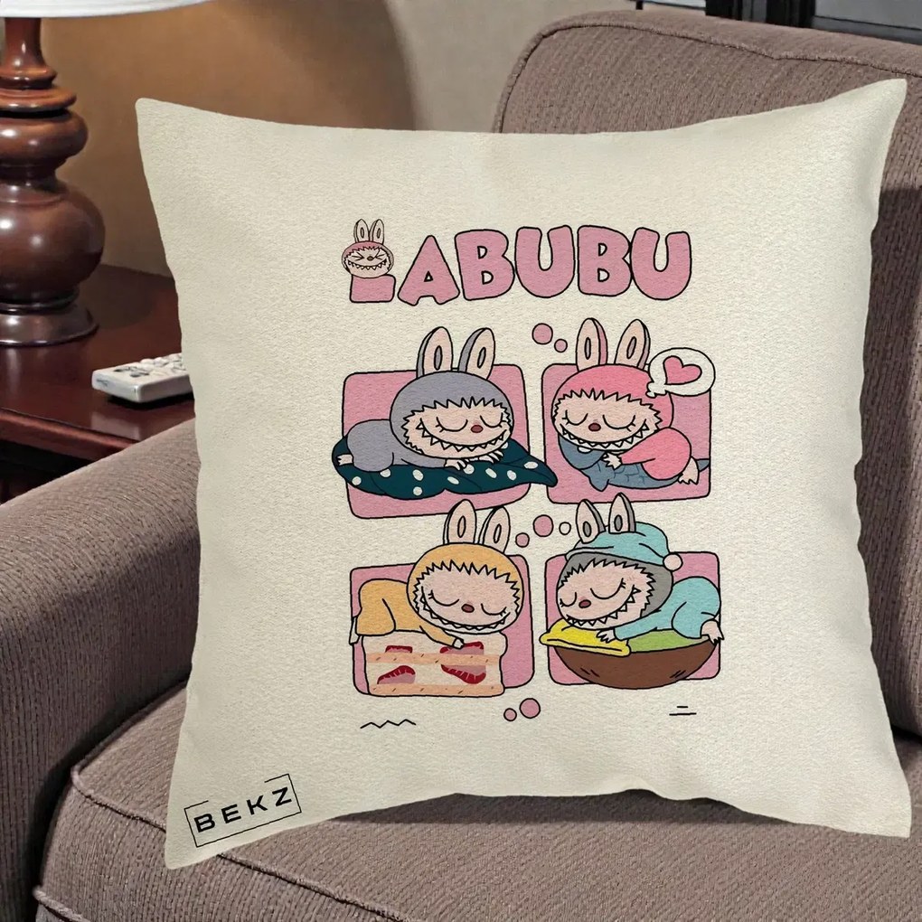 Perna Personalizata Labubu Sleeping Quad Grid, 40x40 cm, Ecru, Husa Detasabila, Perna Inclusa, BEKZ®