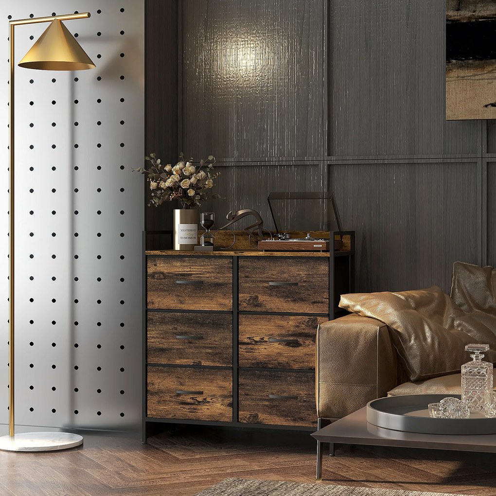 HOMCOM Comodă, corp de depozitare pentru dormitor 6 sertare țesătură nețesută cadru din oțel, 79 x 29 x 85 cm, efect lemn mahon | Aosom Romania