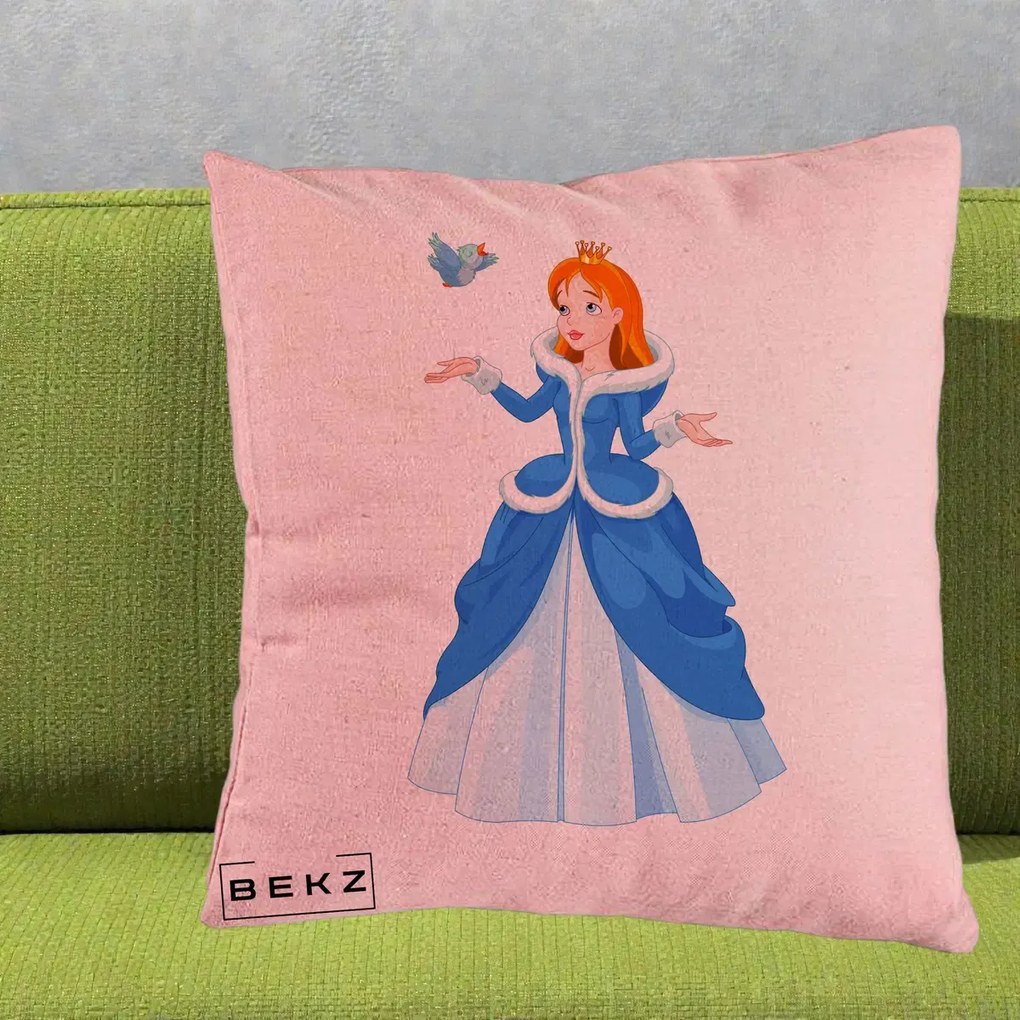 Perna Personalizata Printesa Albastra cu Pasare, 40x40 cm, Roz, Husa Detasabila, Perna Inclusa, BEKZ®