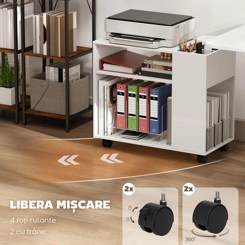 HOMCOM Dulap pentru Imprimantă cu Roți, Dulap Multifuncțional cu Compartimente Deschise, Raft și Spațiu de Depozitare, Noptieră pentru Living, Cameră sau Birou, 70x36x60 cm, Alb | Aosom Romania