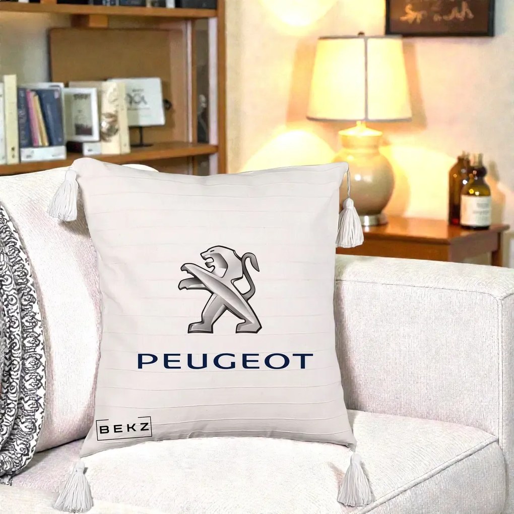 Perna Personalizata cu emblema Peugeot, 40x40 cm, Bej cu Franjuri, Husa Detasabila, Perna Inclusa, BEKZ®