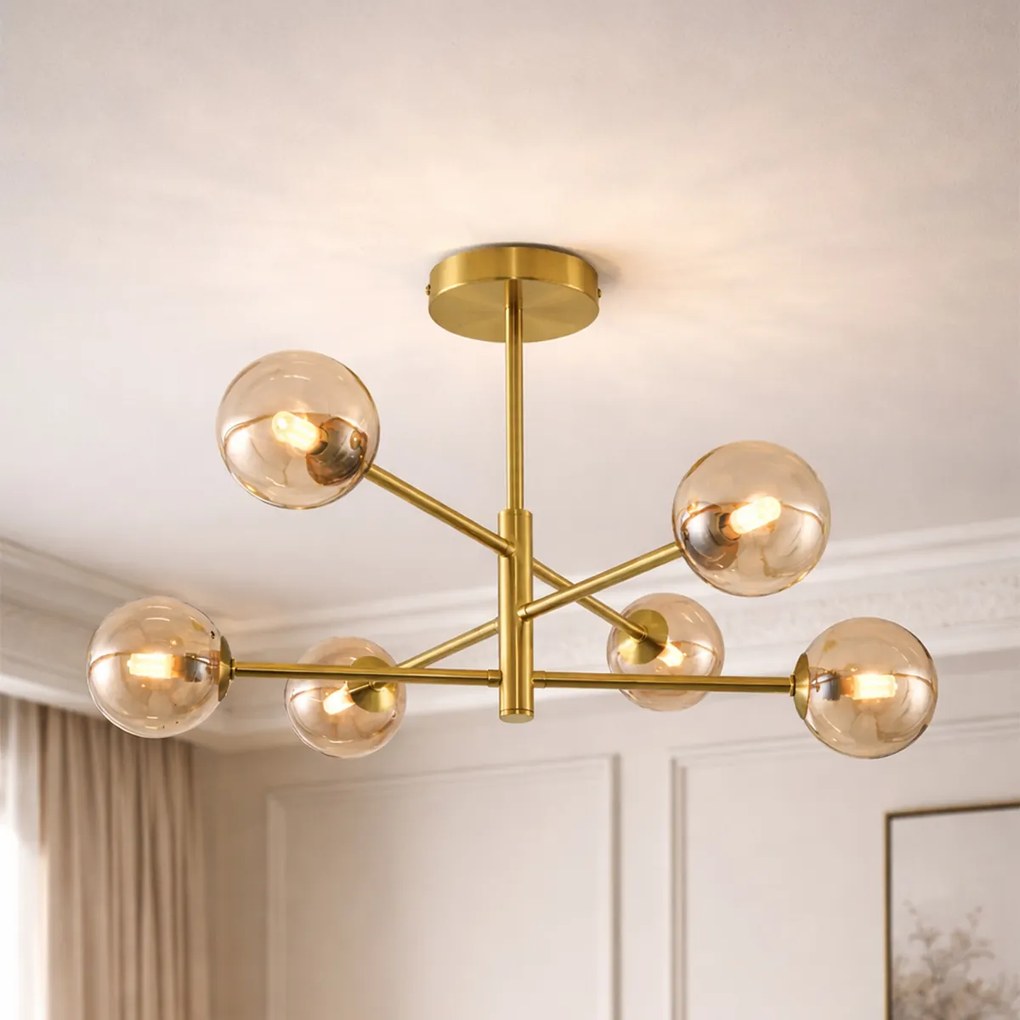 Plafonieră modernă din alamă cu sticlă ambră cu 6 lumini - Ryan