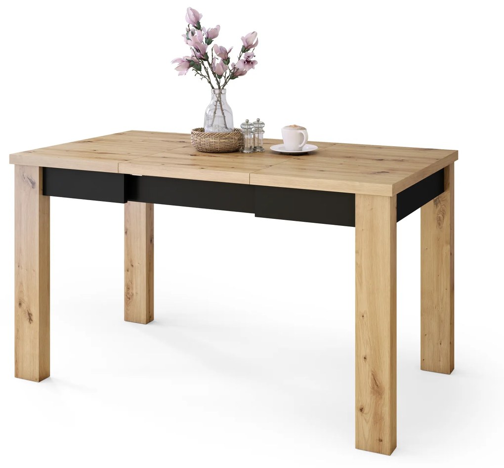 Mazzoni FONTE Stejar Artisan / Negru Mat - MASĂ CLASICĂ DE BUCĂTĂRIE/LIVING EXTENSIBILĂ PÂNĂ LA 130 sau 155 cm!