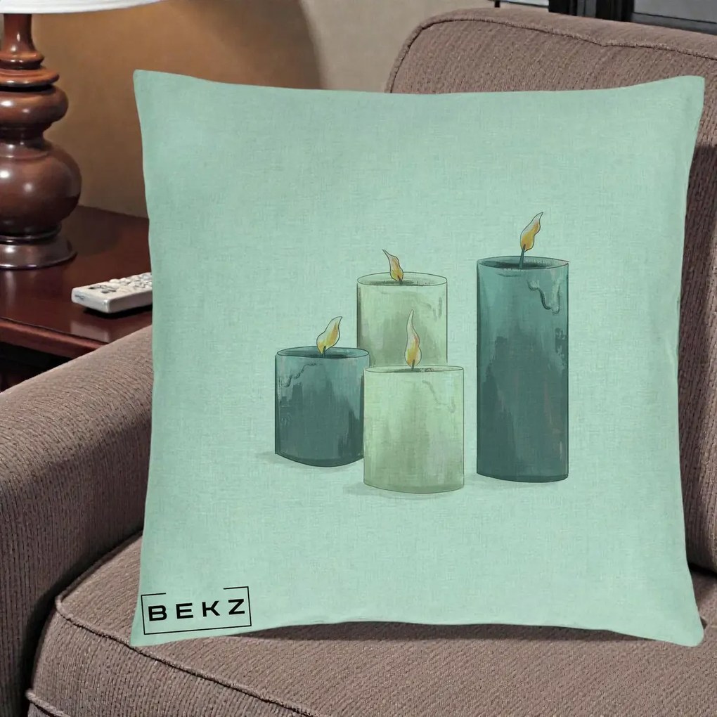 Perna Decorativa Lumanari Hygge Alb-Verde, 40x40 cm, Verde Menta, Husa Detasabila, Perna Inclusa, BEKZ®