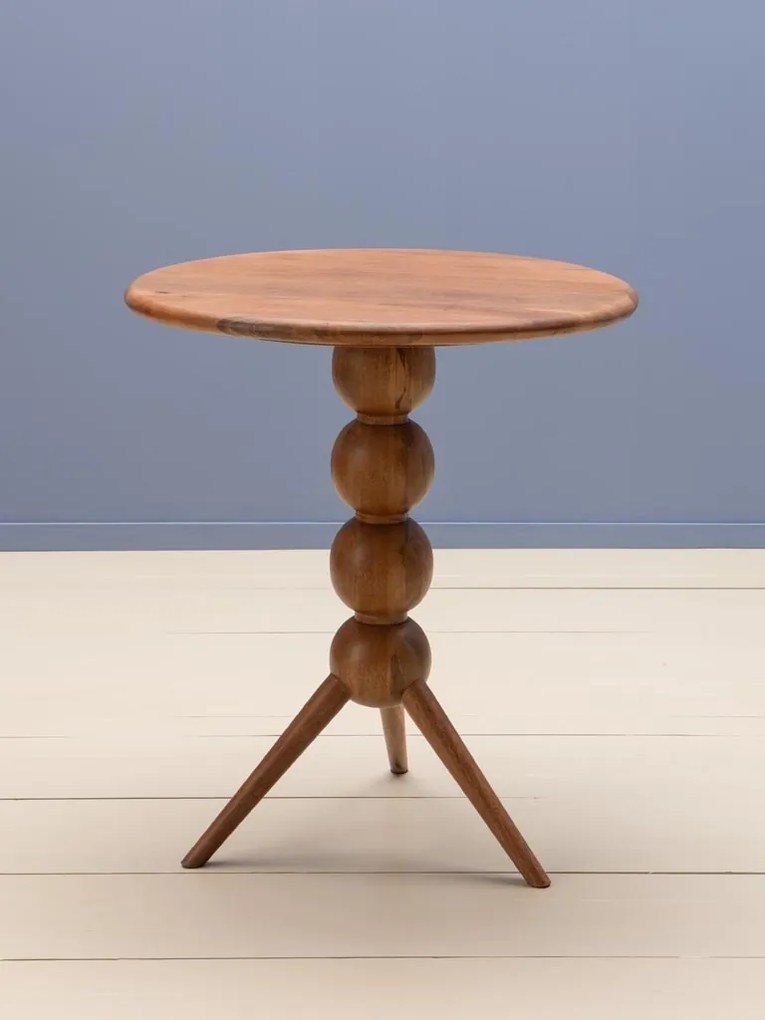 Masă dining rotundă mică din lemn de mango, maro, 2 locuri, cu picior central din sfere strunjite, 76 x 65 cm, „Bilabo”