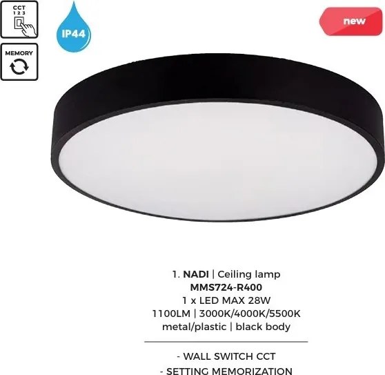 Plafoniera LED CCT IP44 NADI 40cm negru