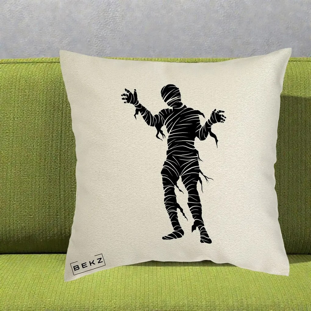 Perna Decorativa Mormii Infricosat Silueta Neagra Halloween, 40x40 cm, Ecru, Husa Detasabila, Perna Inclusa, BEKZ®