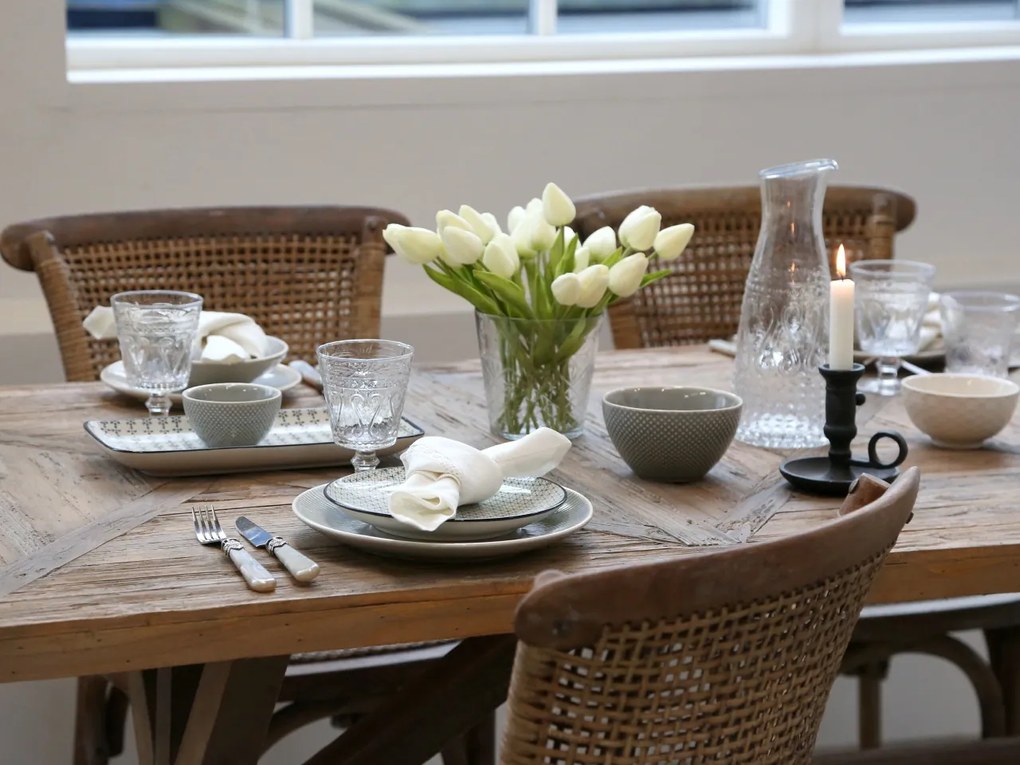 Scaun dining, bej, din lemn de cauciuc si rattan, cu aspect vintage, Old French