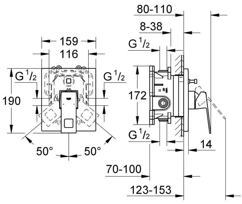 Baterie cada sau dus Grohe Eurocube incastrata pentru corp ingropat, crom