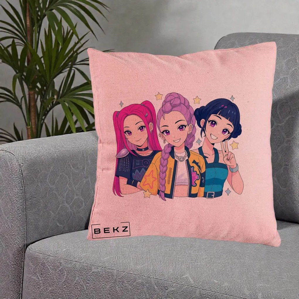 Perna Personalizata K-pop HUNTRX Trio Anime Stele, 40x40 cm, Roz, Husa Detasabila, Perna Inclusa, BEKZ®