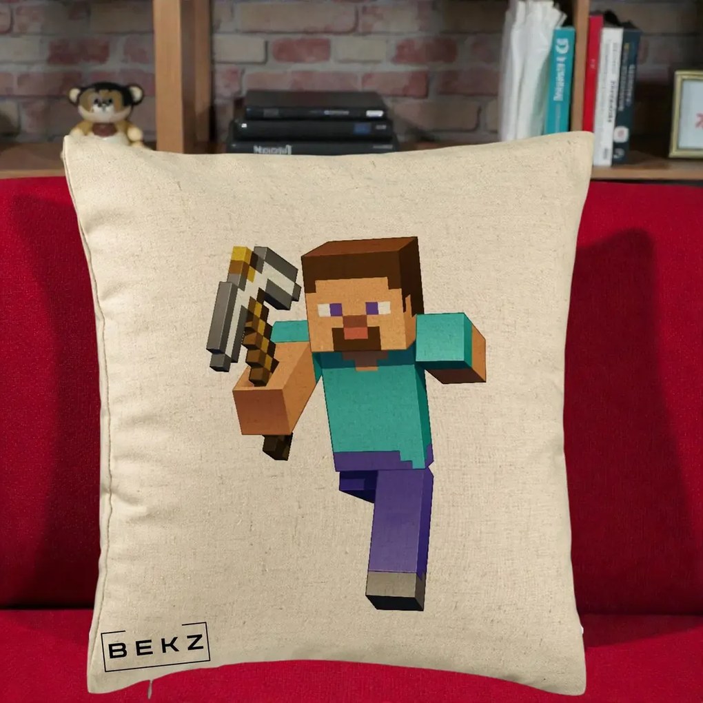 Perna Personalizata Minecraft Steve, 40x40 cm, Bej, Husa Detasabila, Perna Inclusa, BEKZ®