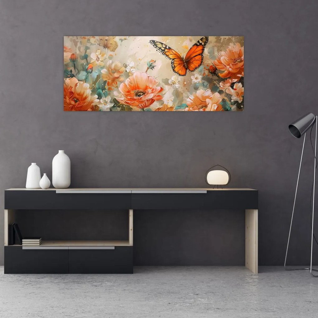 Tablou - Fluture și flori, pictură în ulei (120x50 cm)