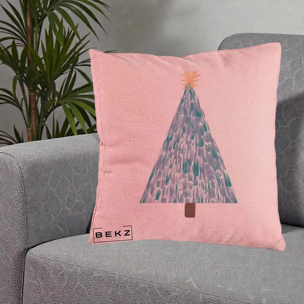 Perna Decorativa Brad de Craciun Acrilic Albastru, 40x40 cm, Roz, Husa Detasabila, Perna Inclusa, BEKZ®