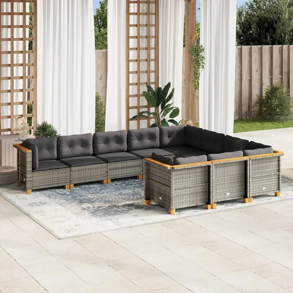 vidaXL Set mobilier de grădină cu perne, 10 piese, gri, poliratan