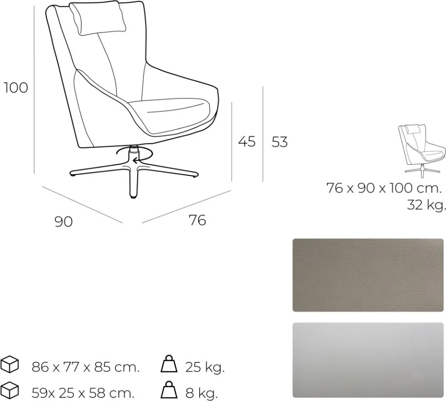 Fotoliu pivotant design modern Melvin AC 5044-A1001-PIEL