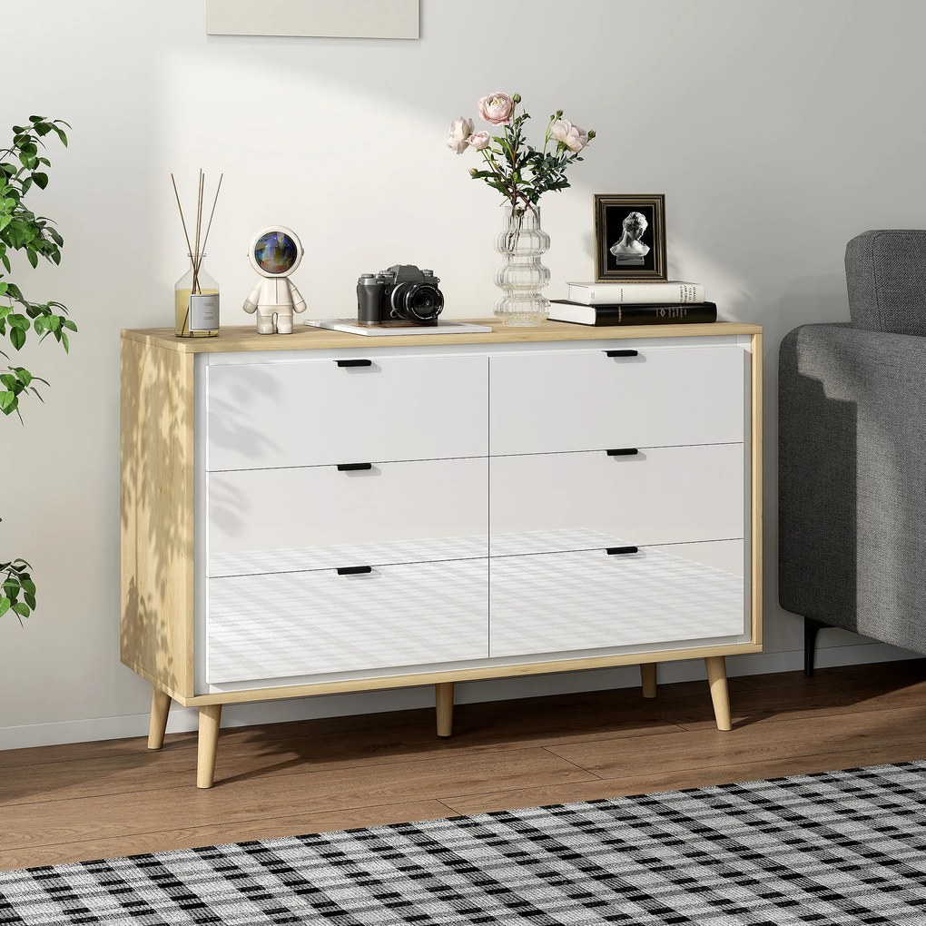 HOMCOM Comodă cu 6 Sertare din Lemn 110x40x75 cm Alb Lucios și Stejar | Aosom Romania