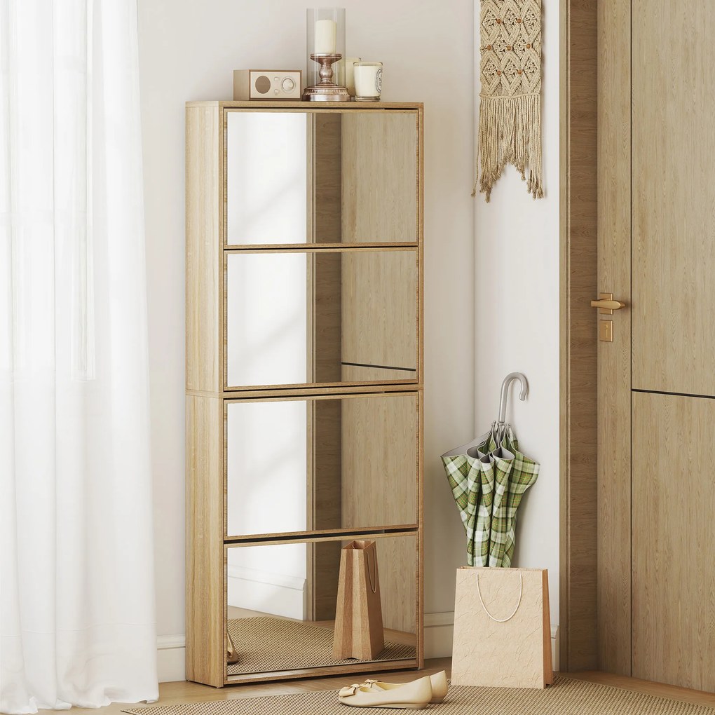 HOMCOM Dulap pentru Încălțăminte Slim cu 4 Uși și Oglindă 63x17x146 cm Culoare Lemn | Aosom Romania