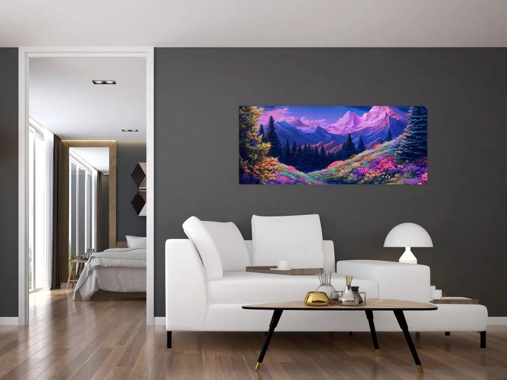 Tablou - Peisaj violet la lună plină (120x50 cm)