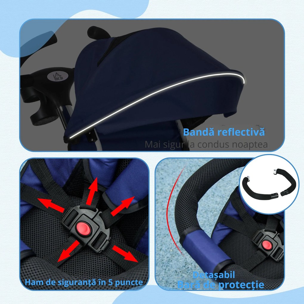 HOMCOM Tricicletă pentru Copii cu Mâner Multifuncțional, Cărucior pentru Copii cu Centură de Siguranță și Coș, 112x50x104 cm, Albastru | Aosom Romania