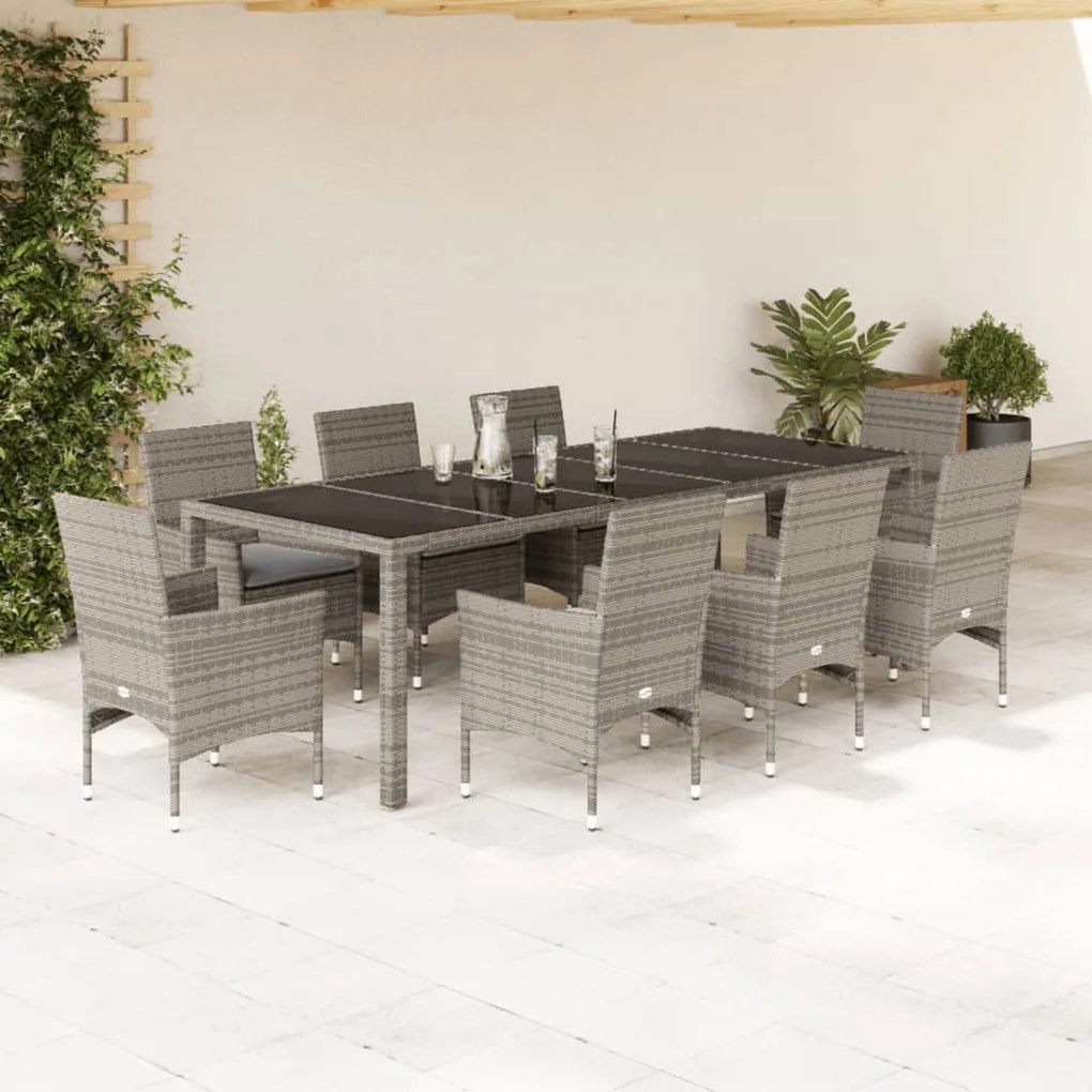 vidaXL Set mobilier de grădină cu perne 9 piese gri poliratan &amp; sticlă