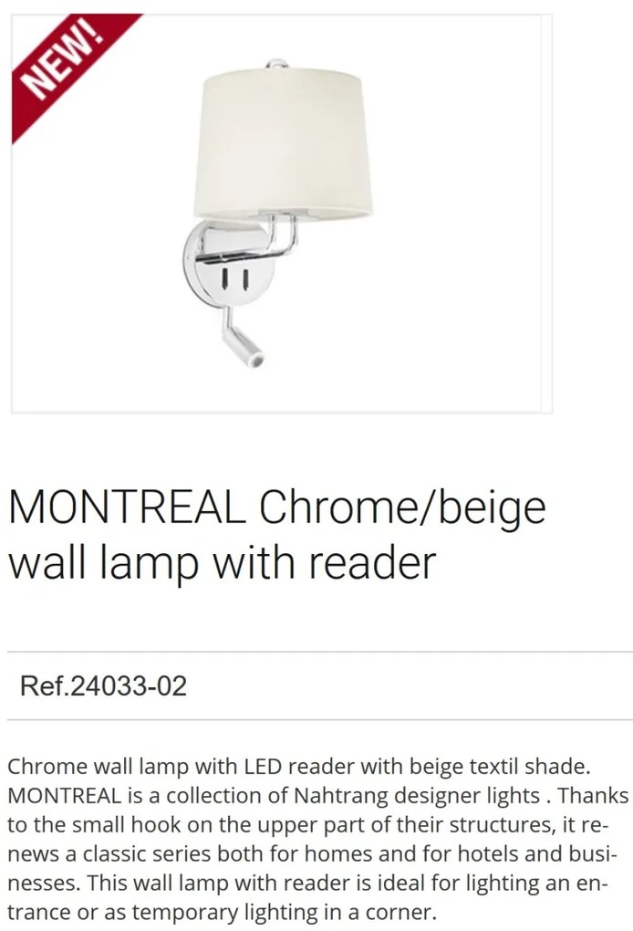 Aplica perete cu reader LED moderna design elegant MONTREAL crom/bej