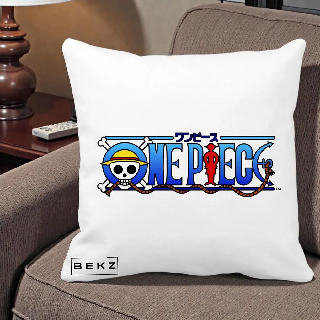 Perna Personalizata One Piece Clasic Albastru, 40x40 cm, Alba Mata, Husa Detasabila, Perna Inclusa, BEKZ®